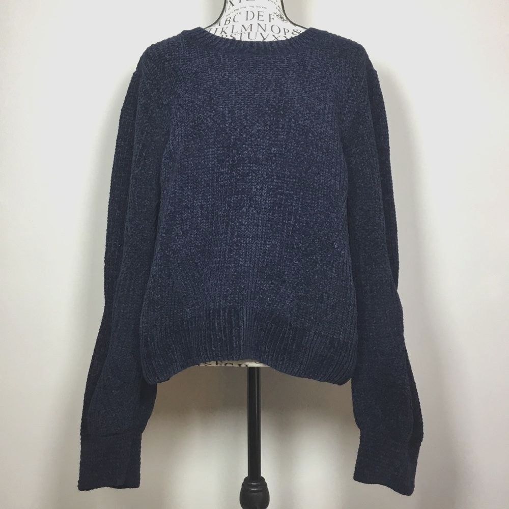 H&M chunky knit slouchy Navy blue sweater diagonal patterned sleeves winter sz L